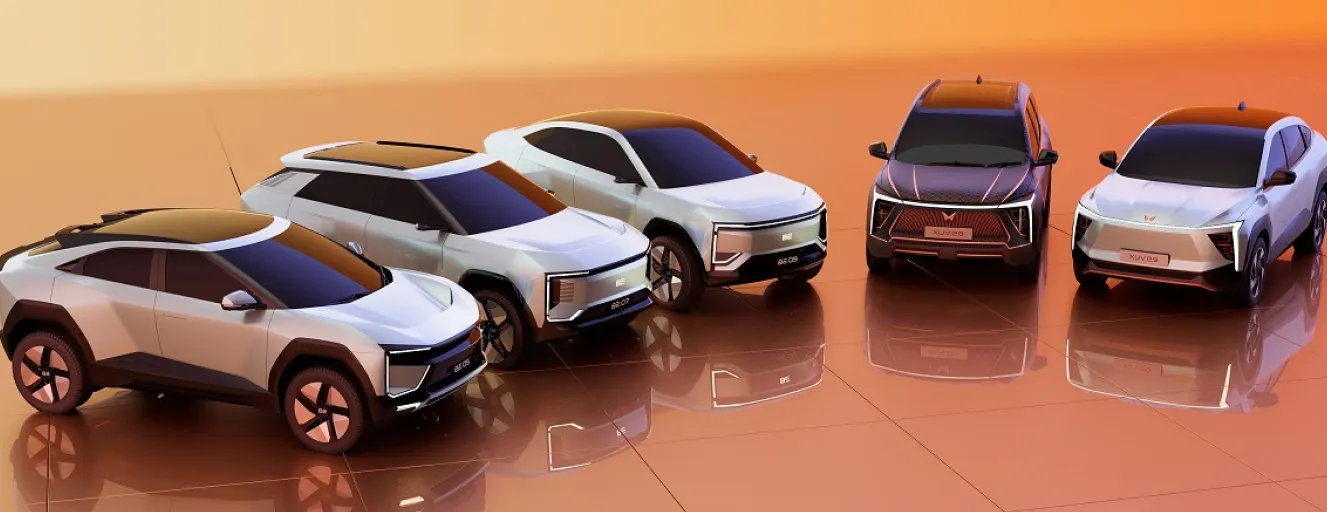 A fleet of futuristic Mahindra BE (Born Electric) SUV concepts in white, lined up on a reflective orange floor.
